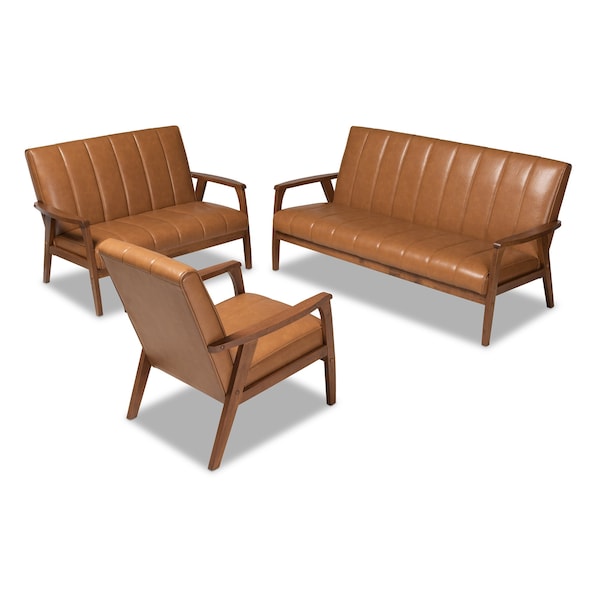 Baxton Studio Nikko Mid-century Modern Tan Faux Leather and Walnut Brown finished Wood 3-Piece Living Room Set 175-10974-10975-10976-Zoro - main